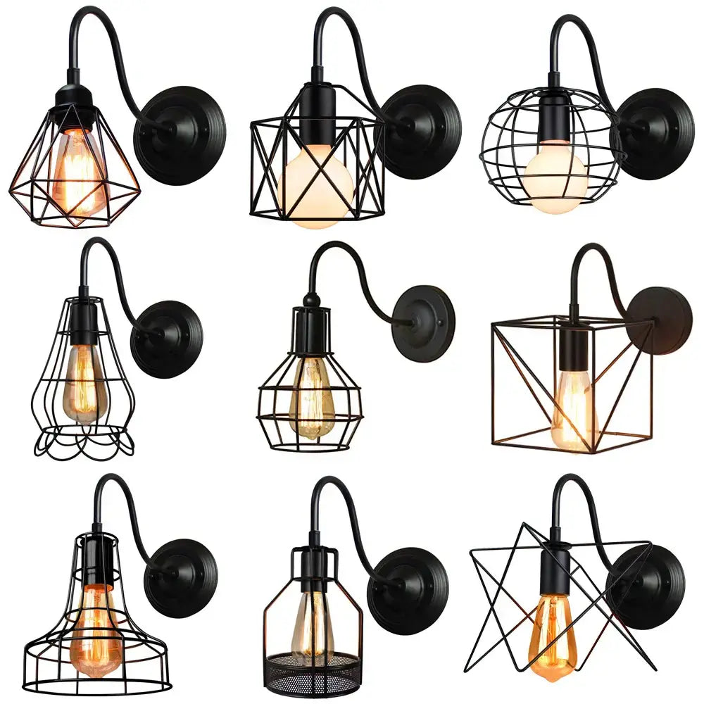 Industrial iron wall sconce black cage light bedroom fixture