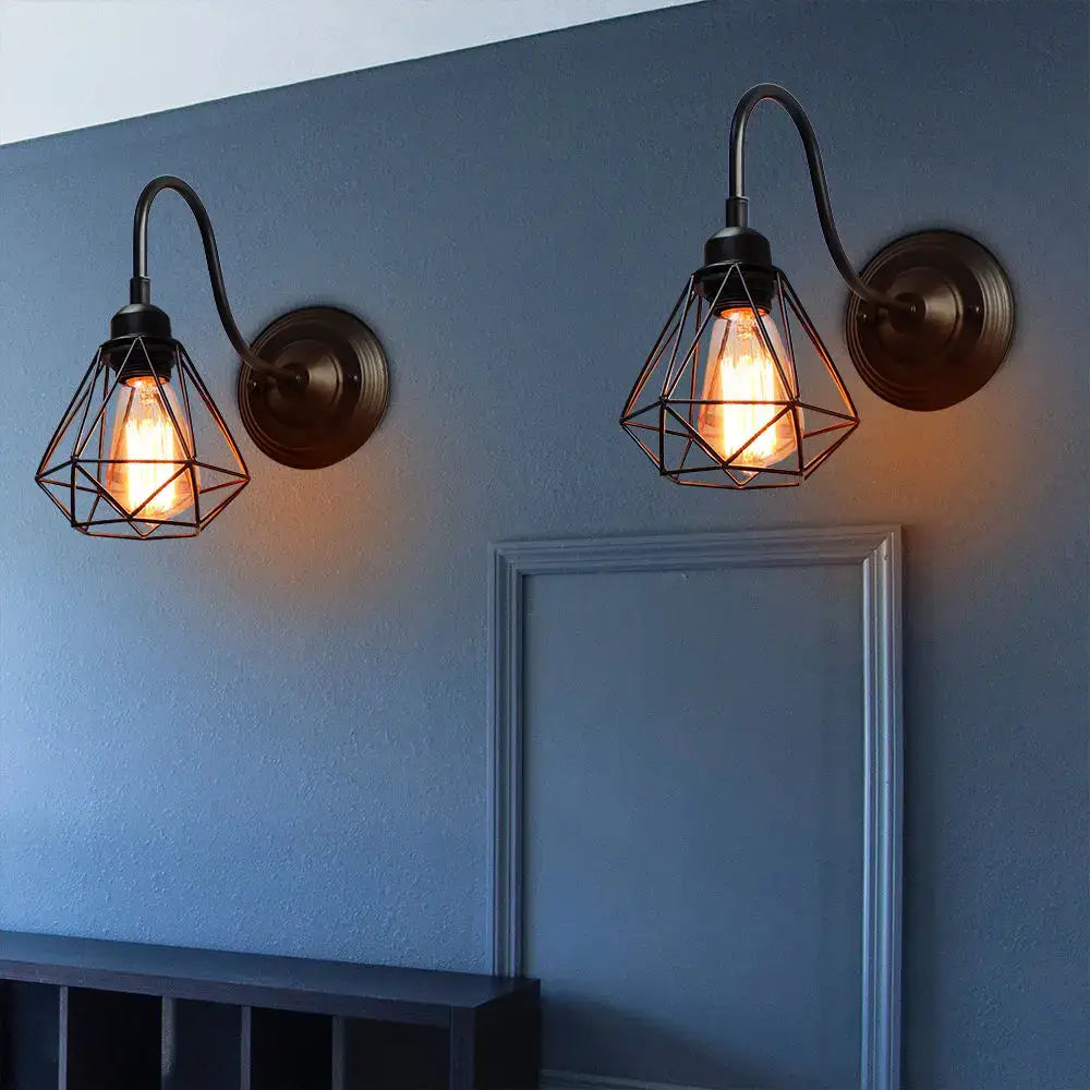 Industrial iron wall sconce black cage light bedroom fixture