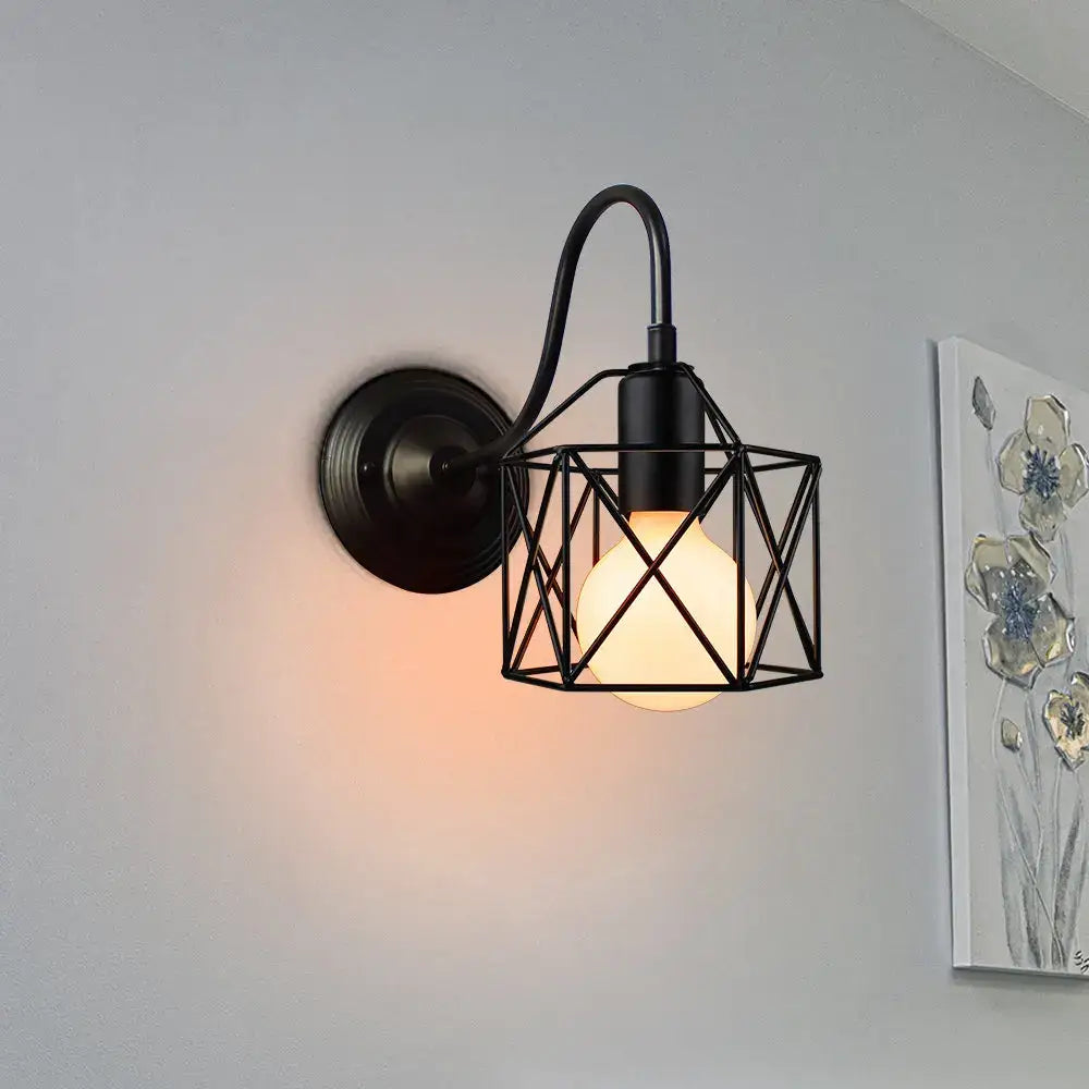 Industrial iron wall sconce black cage light bedroom fixture