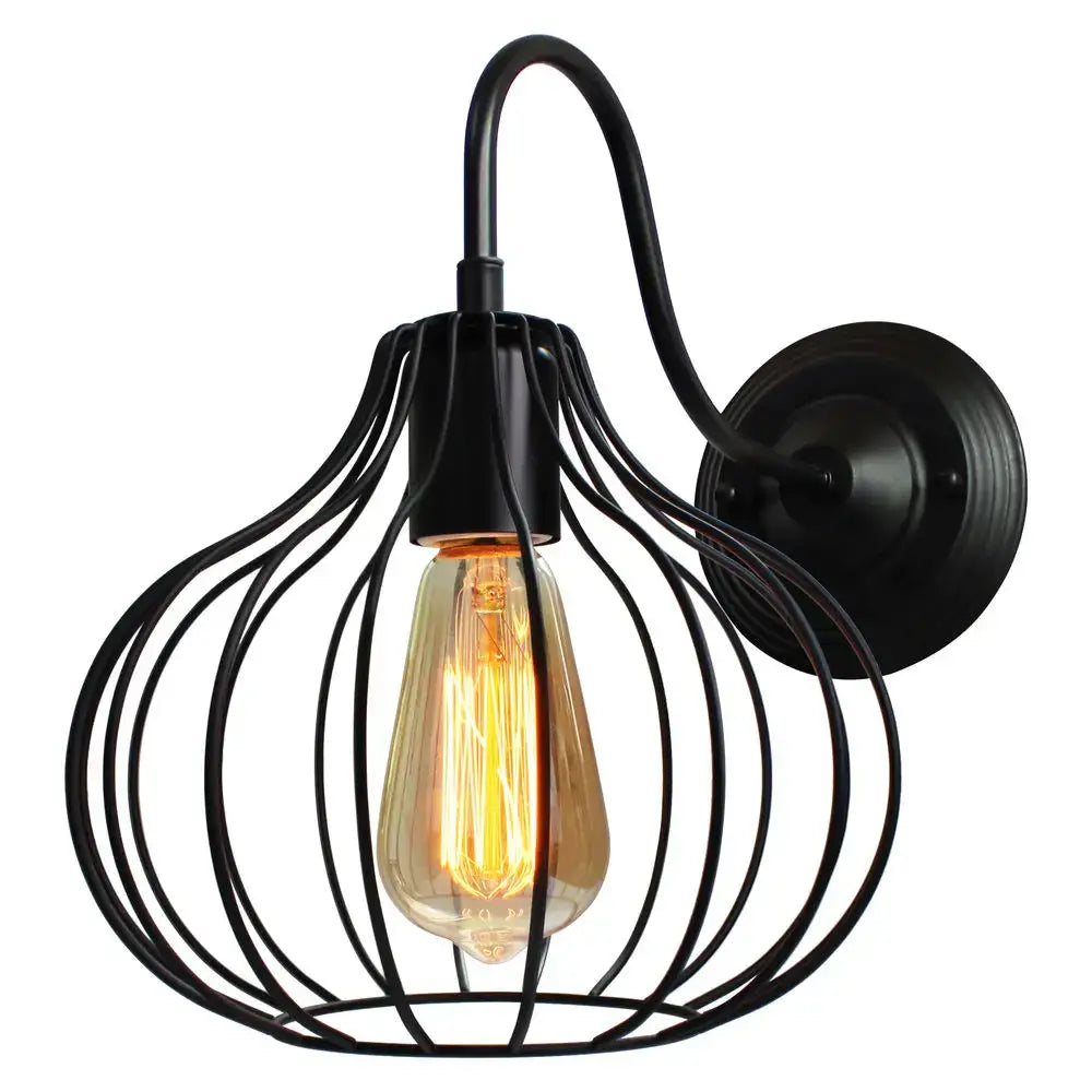 Industrial iron wall sconce black cage light bedroom fixture