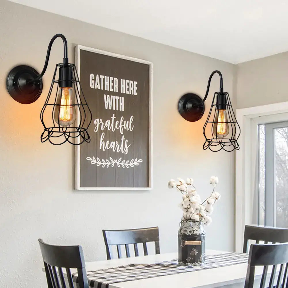 Industrial iron wall sconce black cage light bedroom fixture