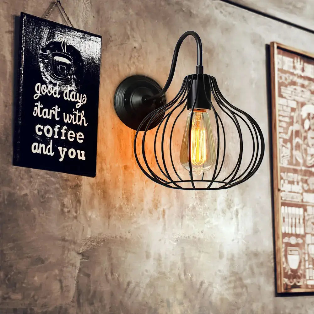 Industrial iron wall sconce black cage light bedroom fixture