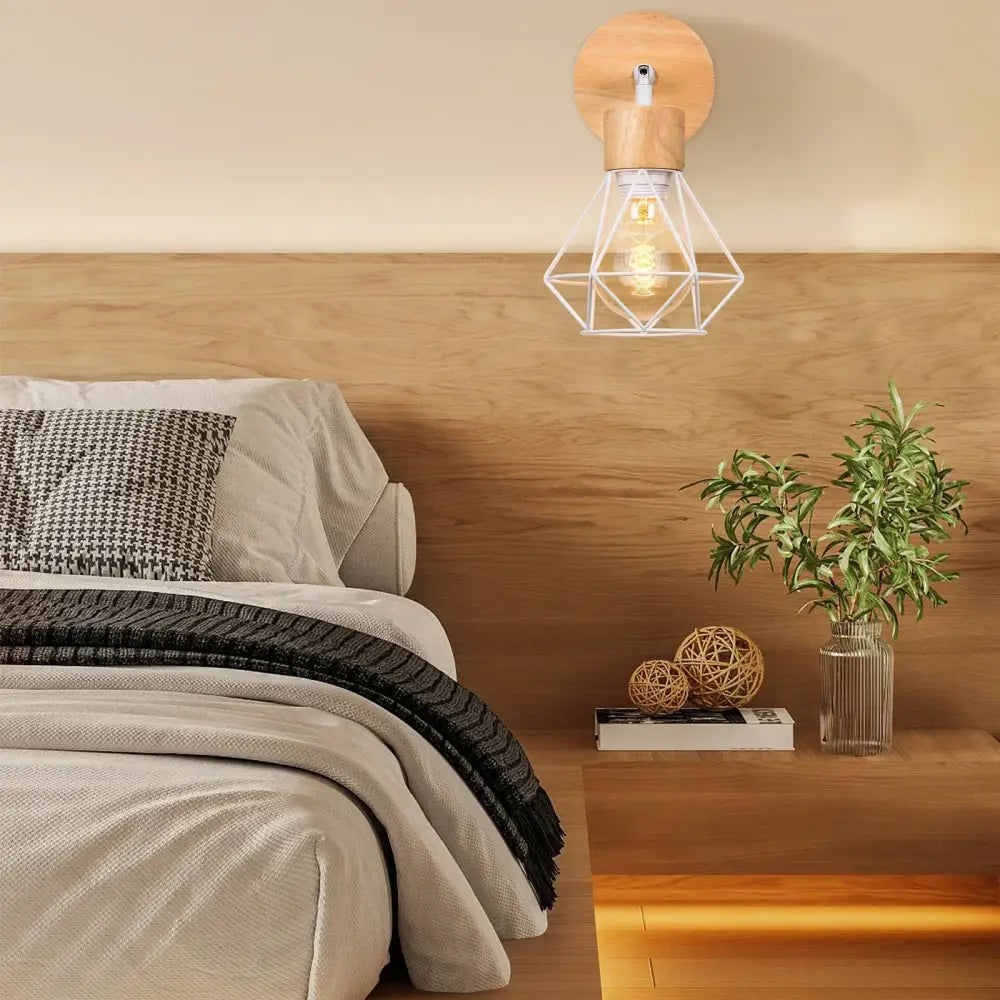 Industrial led wood wall sconce white & wood bedroom lamp