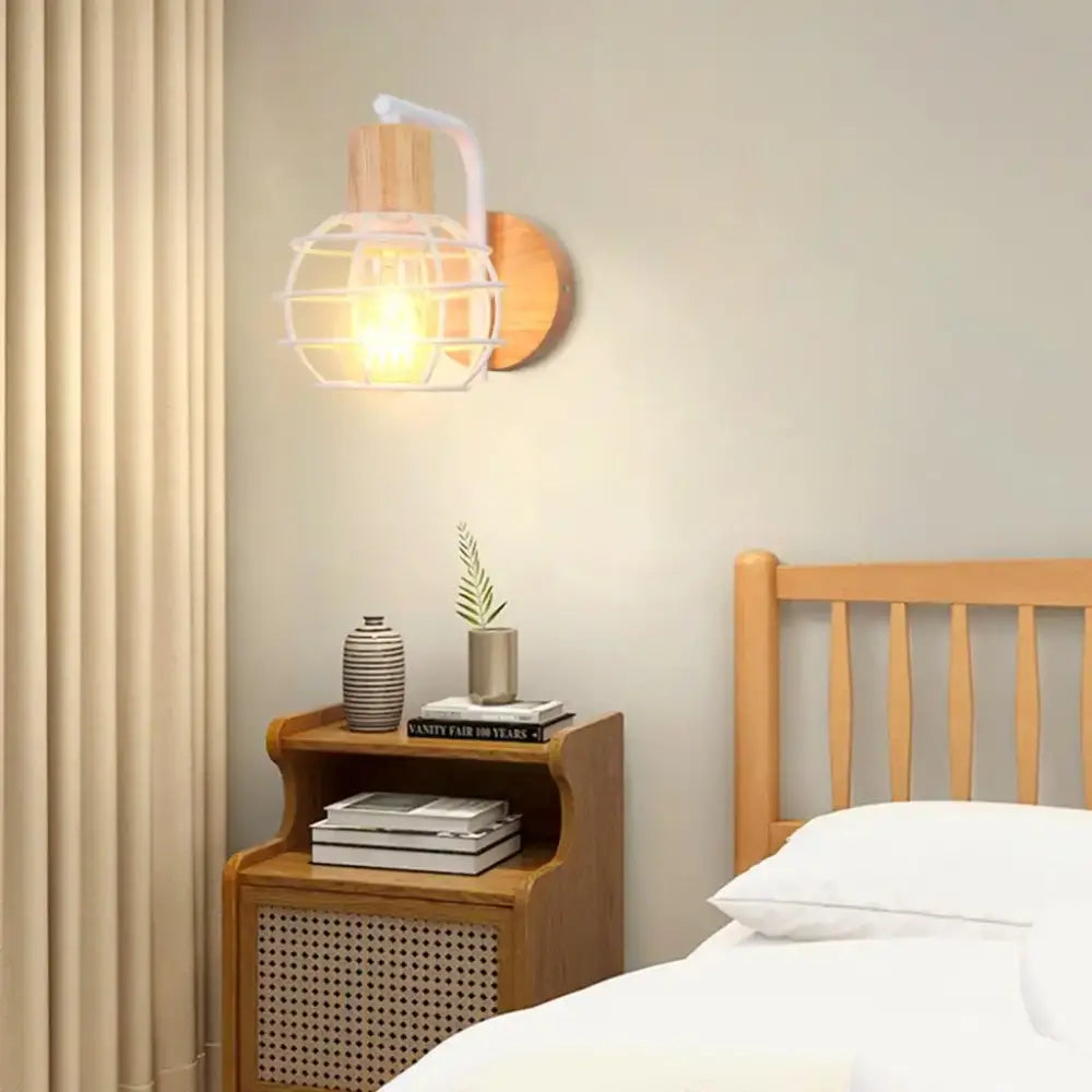 Industrial led wood wall sconce white & wood bedroom lamp