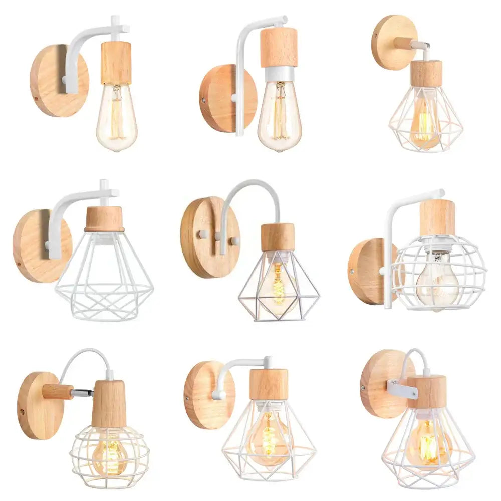 Industrial led wood wall sconce white & wood bedroom lamp