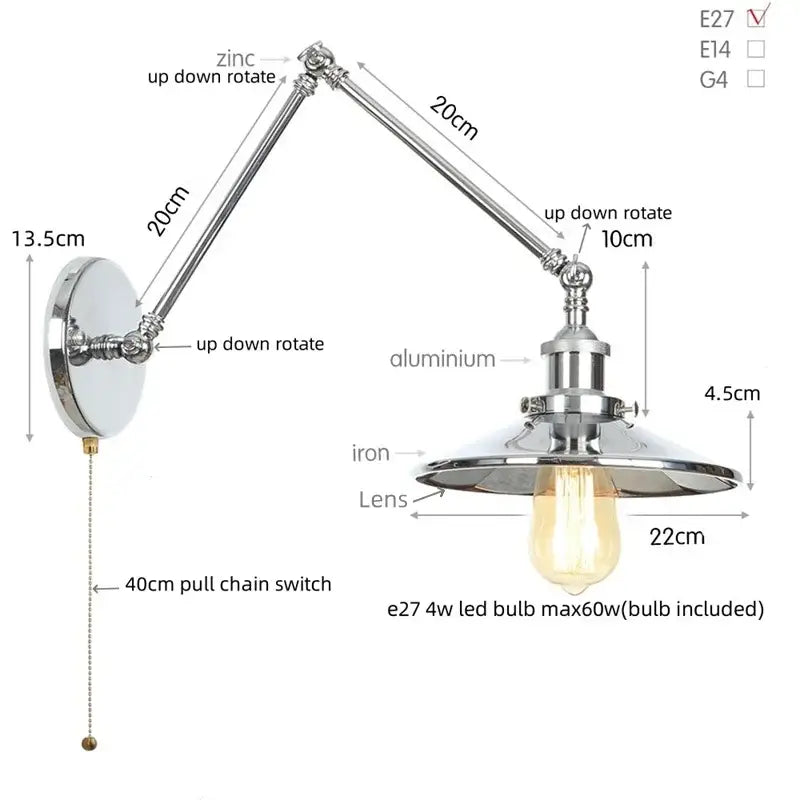 Industrial lens vintage chrome wall lamp bedroom swing arm sconce