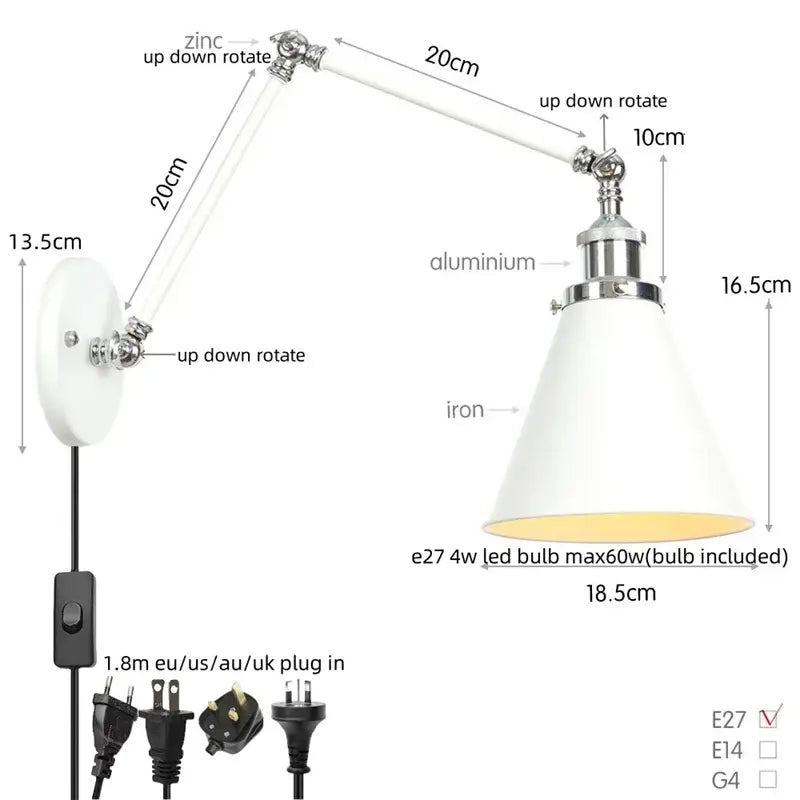 Industrial lens vintage chrome wall lamp bedroom swing arm sconce