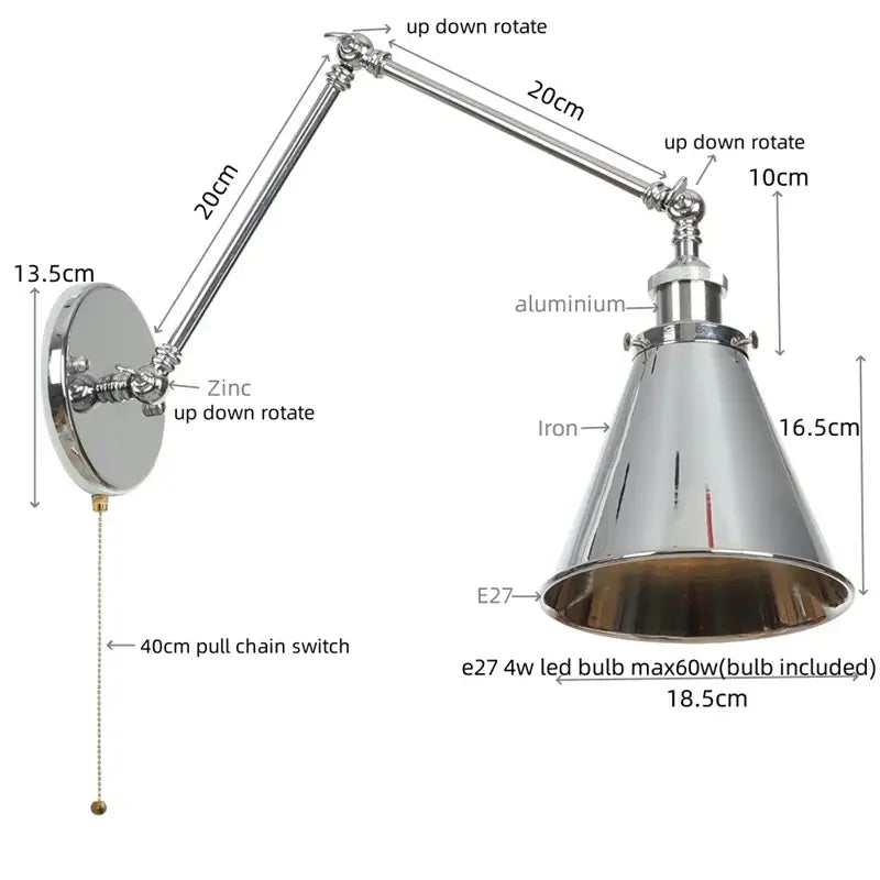 Industrial lens vintage chrome wall lamp bedroom swing arm sconce
