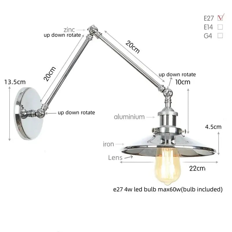 Industrial lens vintage chrome wall lamp bedroom swing arm sconce