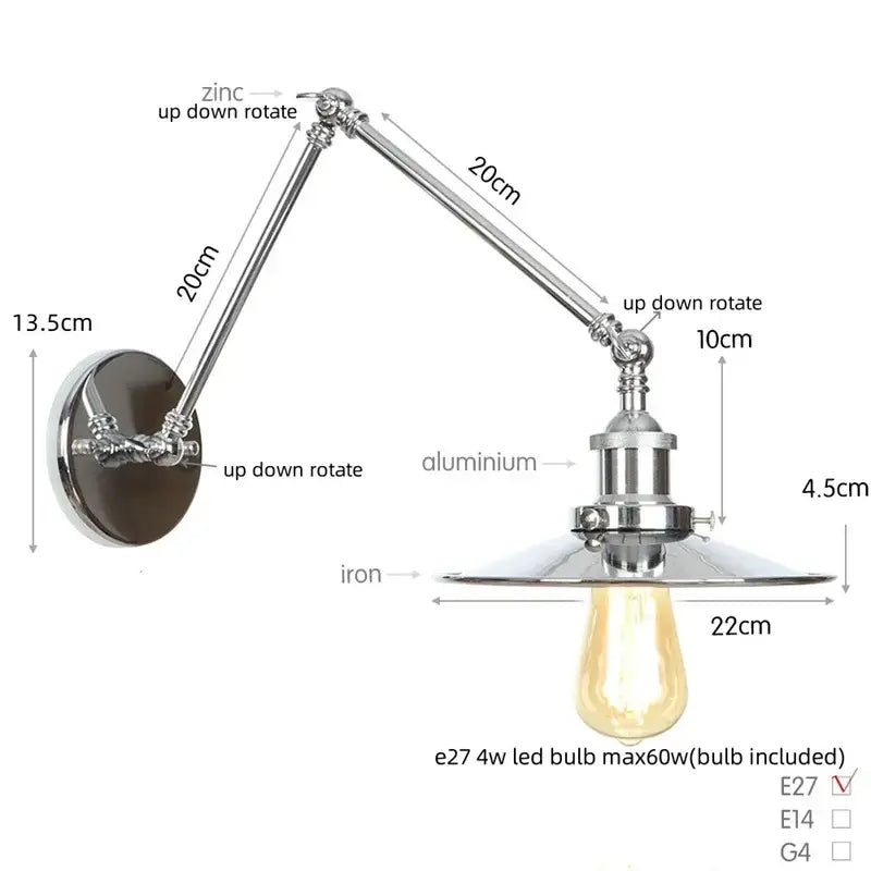 Industrial lens vintage chrome wall lamp bedroom swing arm sconce