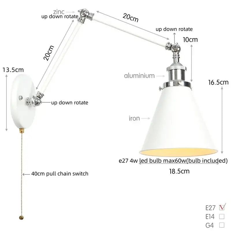 Industrial lens vintage chrome wall lamp bedroom swing arm sconce