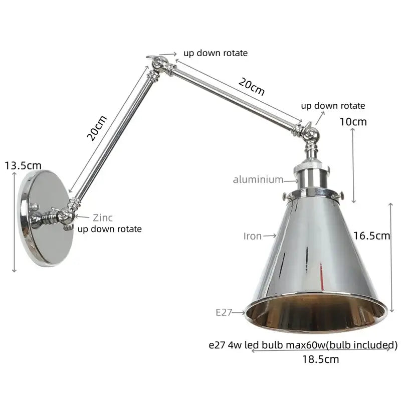 Industrial lens vintage chrome wall lamp bedroom swing arm sconce