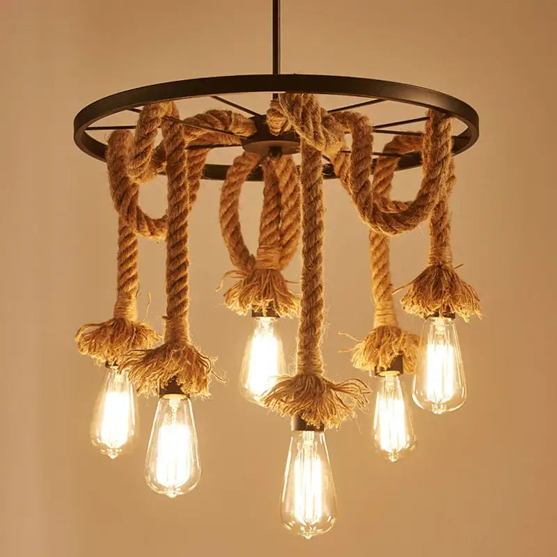 Industrial loft chandelier black metal & natural rope dining room