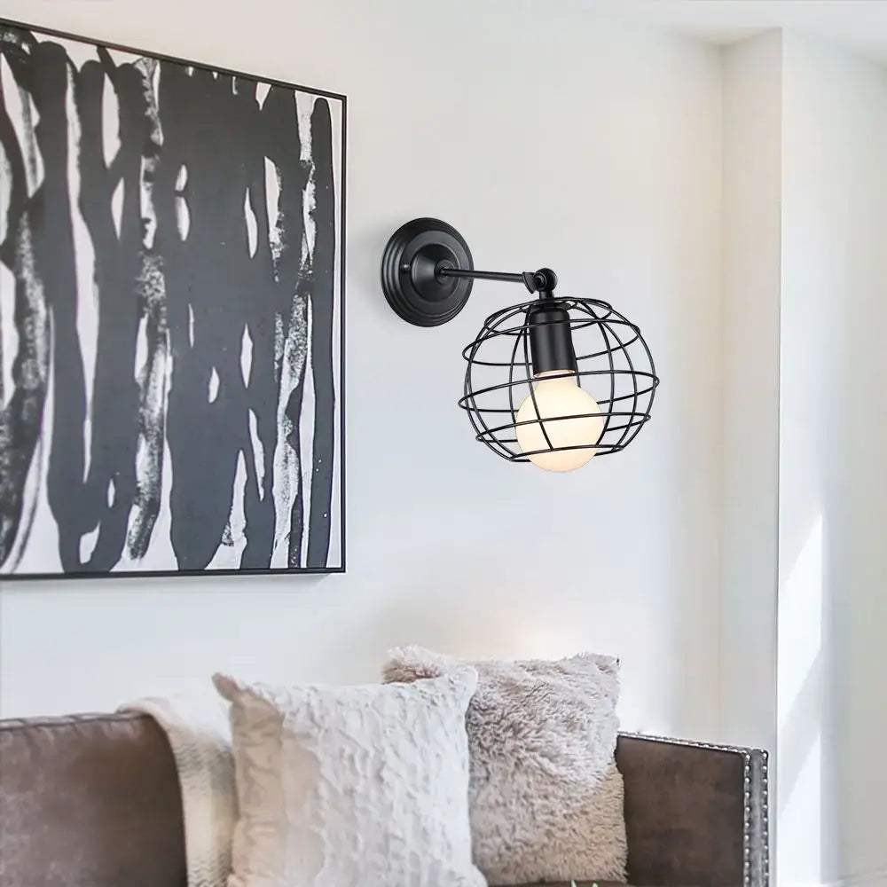Industrial loft led cage wall light sconce bedroom brass glass lamp