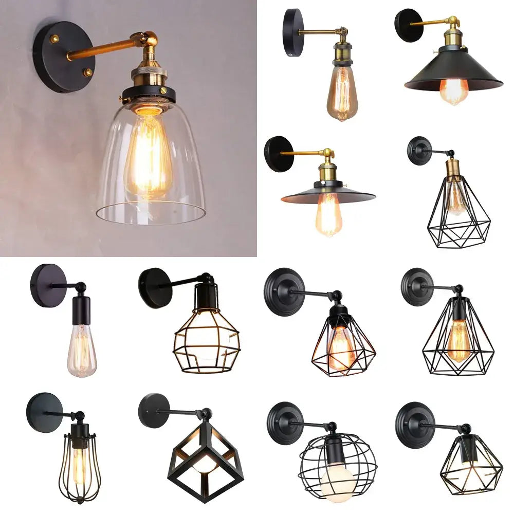 Industrial loft led cage wall light sconce bedroom brass glass lamp