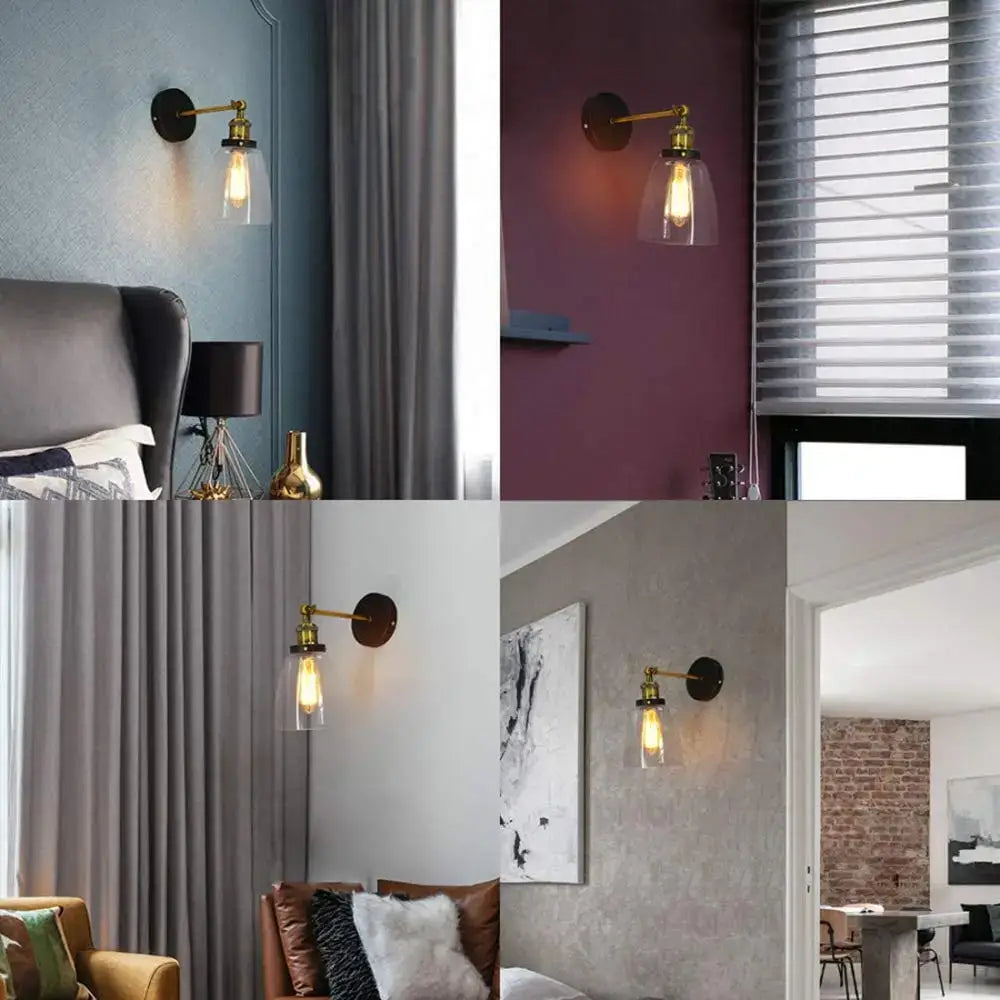 Industrial loft led cage wall light sconce bedroom brass glass lamp