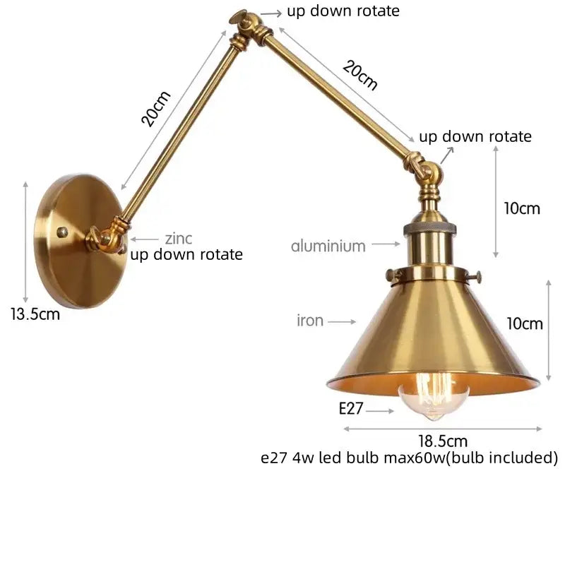 Industrial loft led wall lamp black & brass bedroom sconce