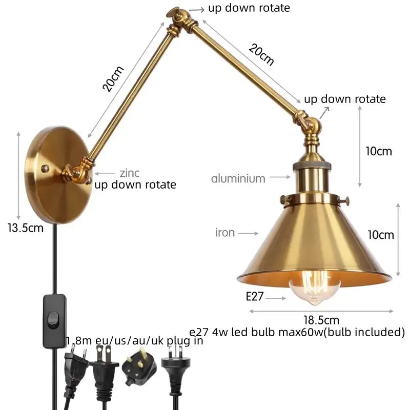 Industrial loft led wall lamp black & brass bedroom sconce