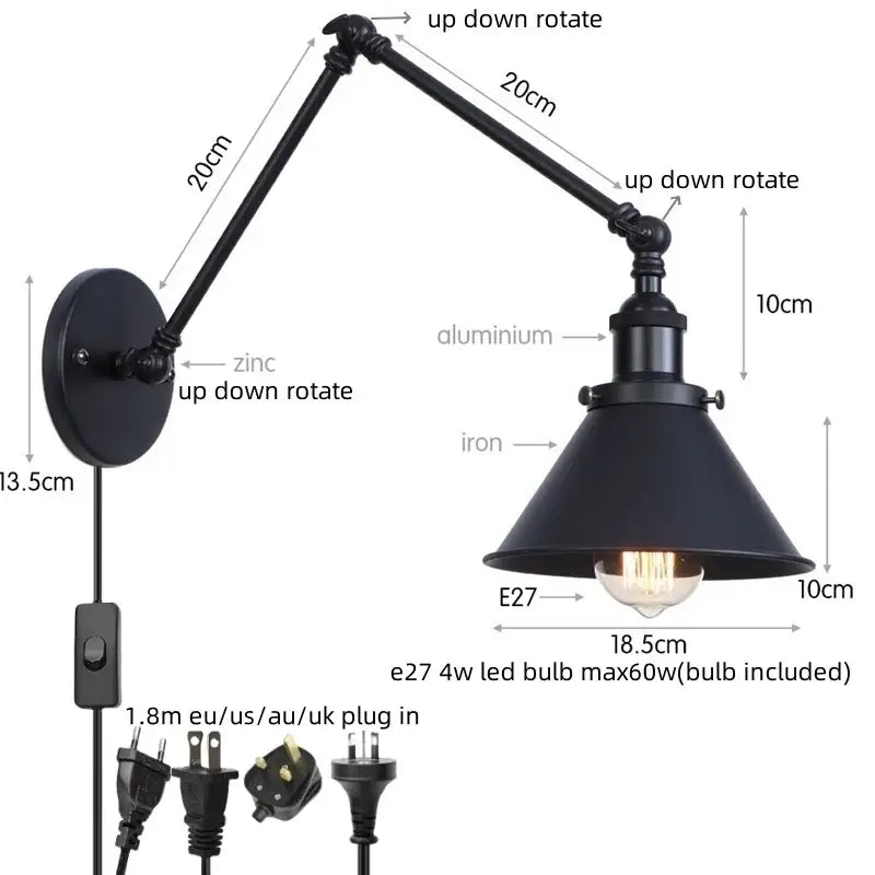 Industrial loft led wall lamp black & brass bedroom sconce