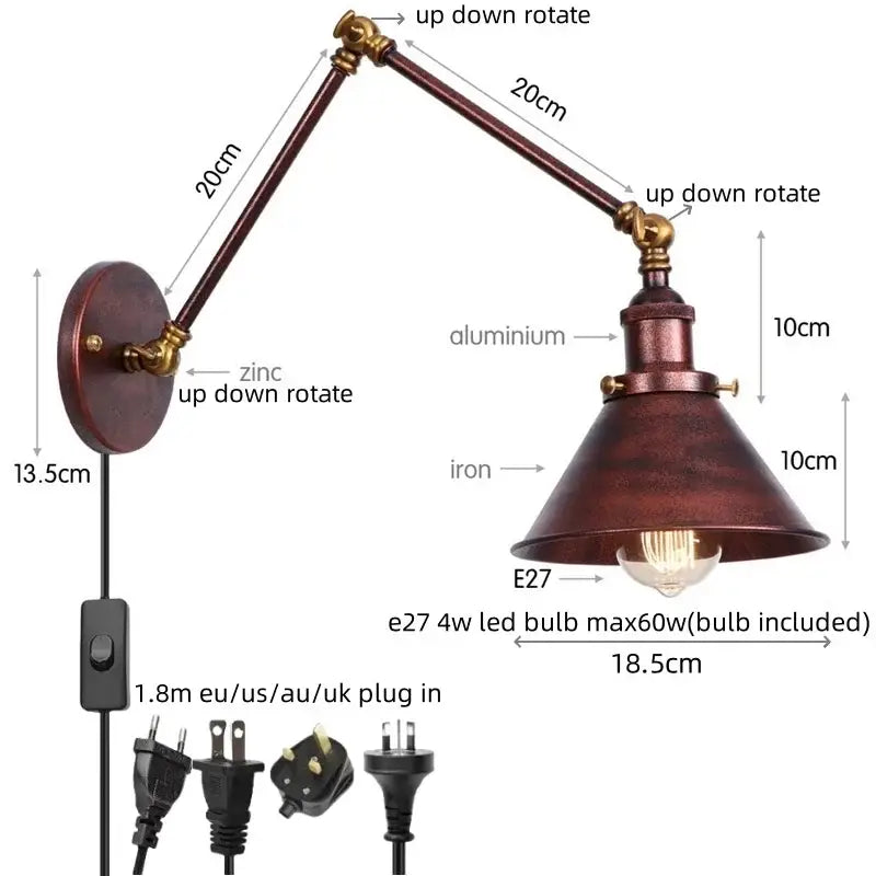 Industrial loft led wall lamp black & brass bedroom sconce