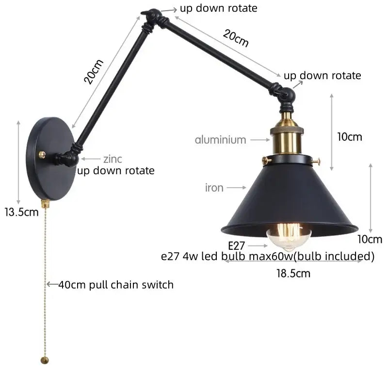 Industrial loft led wall lamp black & brass bedroom sconce