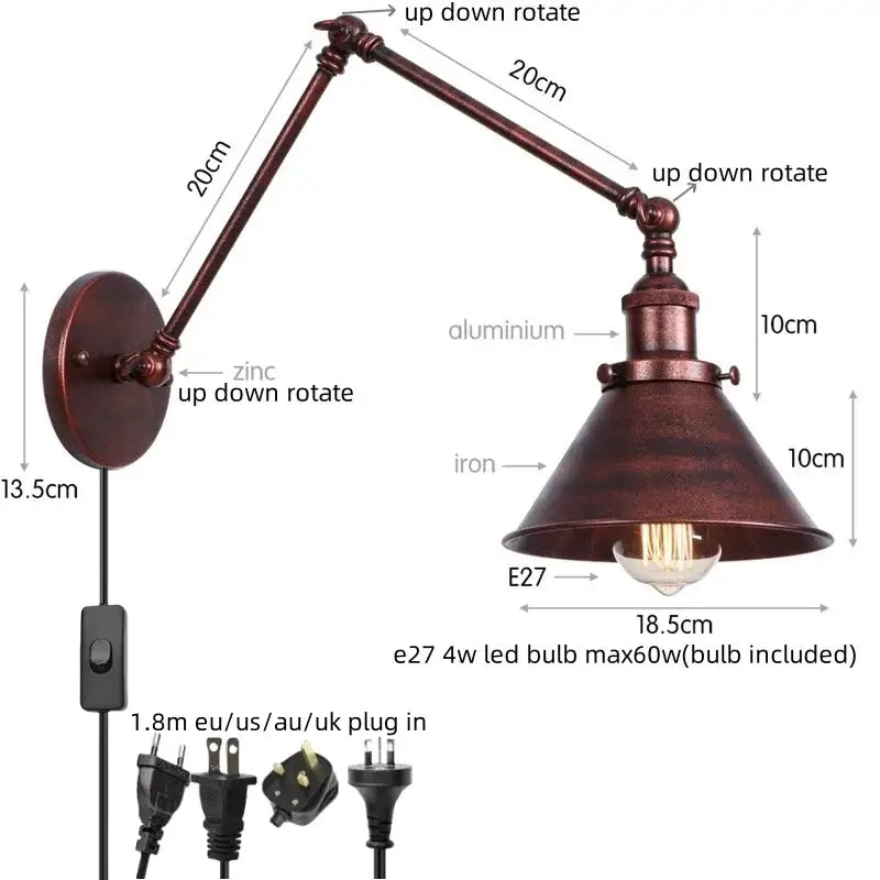 Industrial loft led wall lamp black & brass bedroom sconce