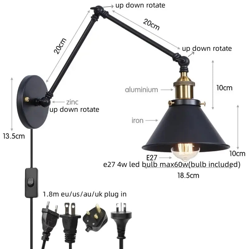 Industrial loft led wall lamp black & brass bedroom sconce