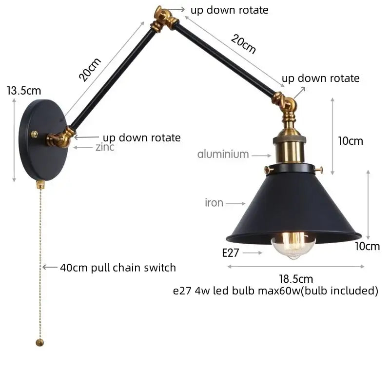 Industrial loft led wall lamp black & brass bedroom sconce