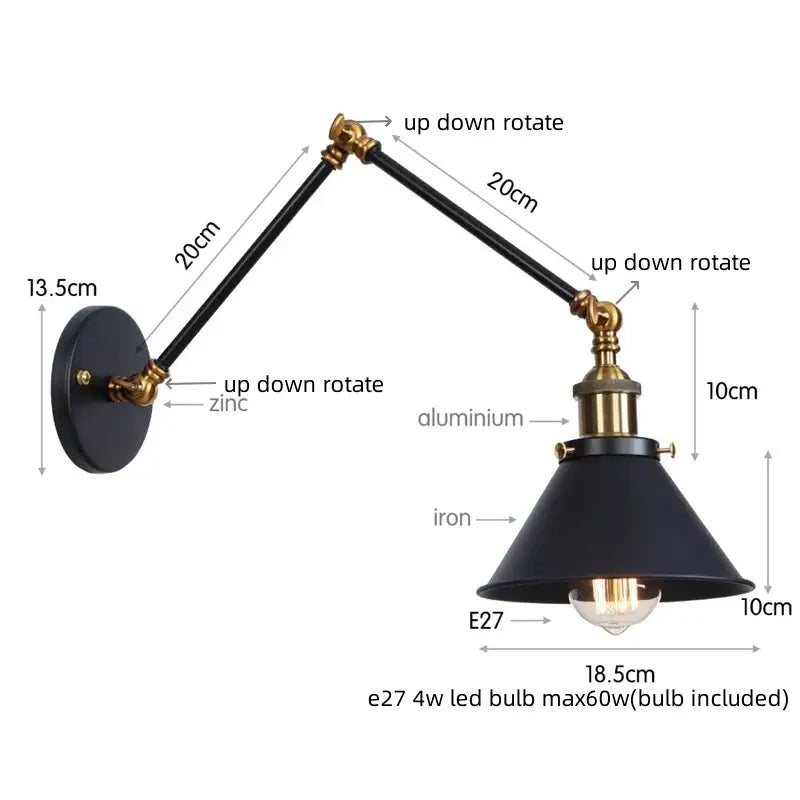 Industrial loft led wall lamp black & brass bedroom sconce