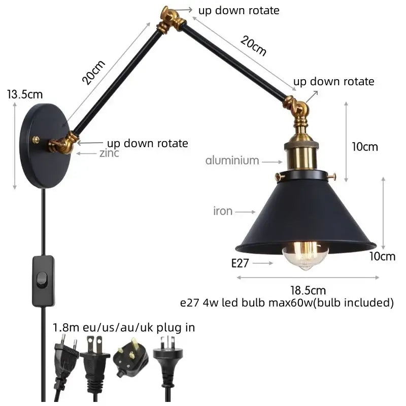 Industrial loft led wall lamp black & brass bedroom sconce