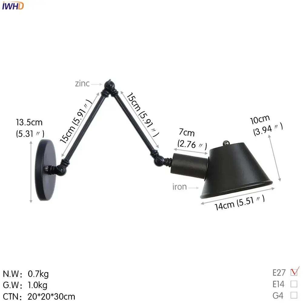 Industrial matte black adjustable led wall light fixture bedroom