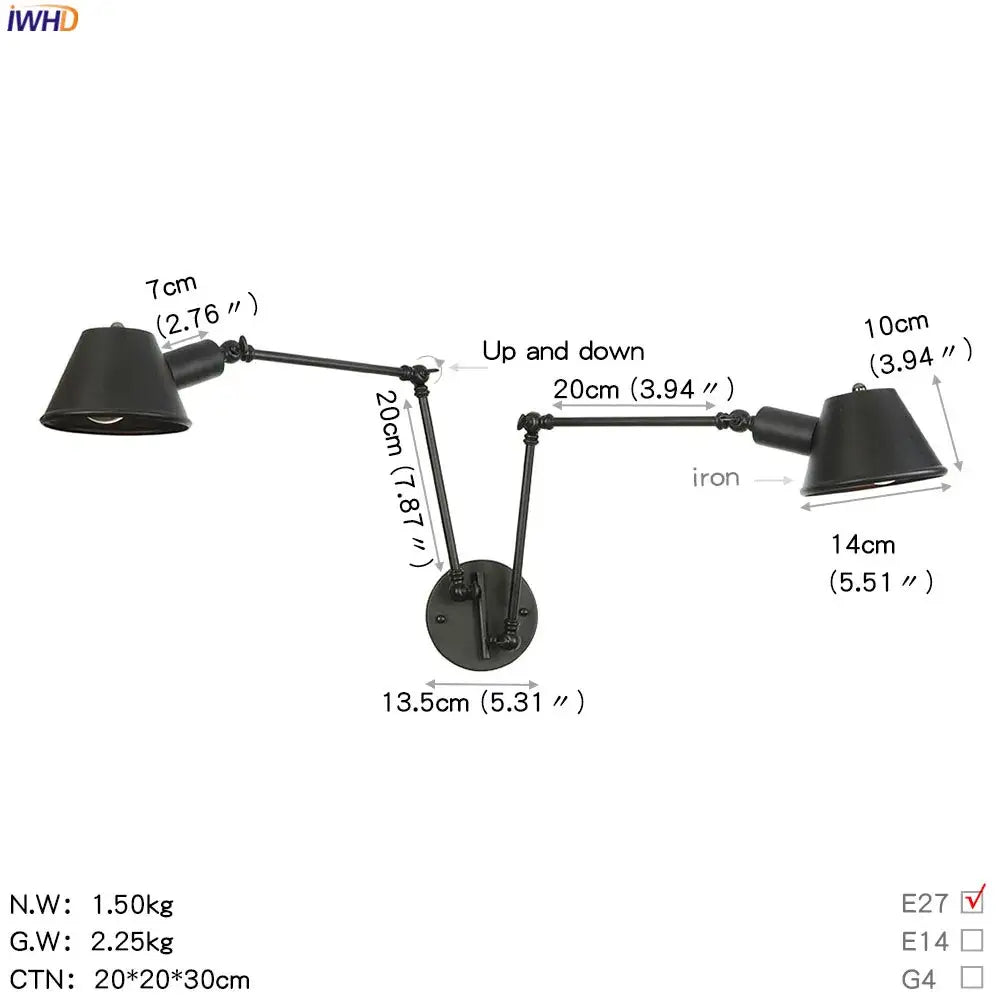Industrial matte black adjustable led wall light fixture bedroom