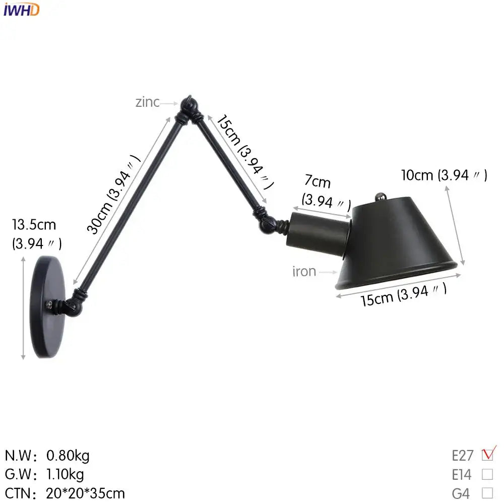 Industrial matte black adjustable led wall light fixture bedroom