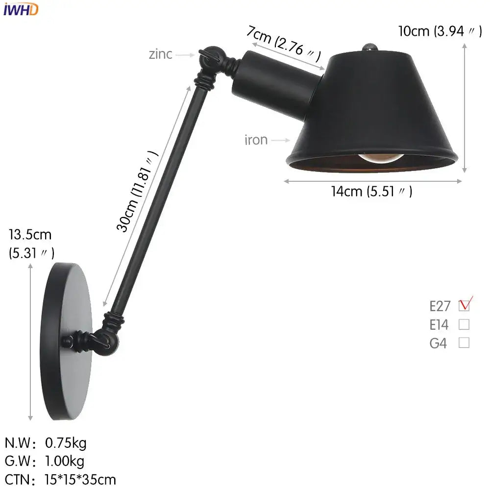 Industrial matte black adjustable led wall light fixture bedroom