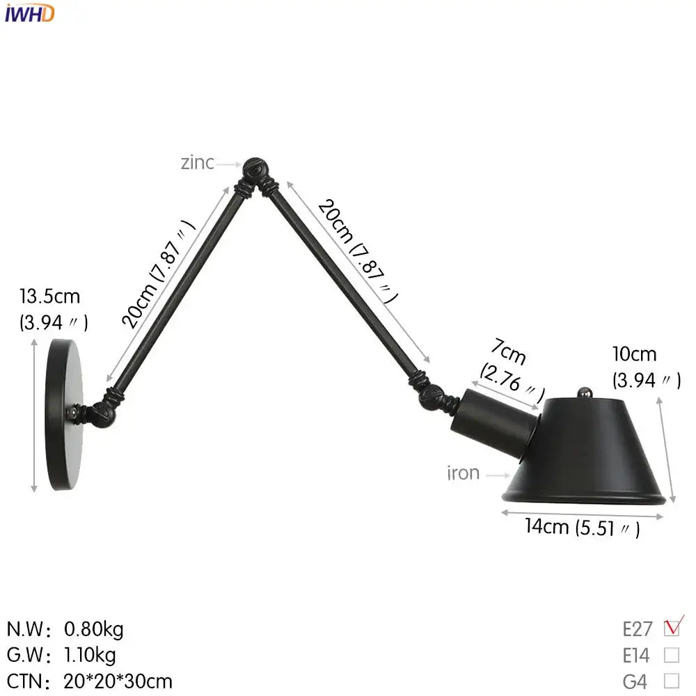 Industrial matte black adjustable led wall light fixture bedroom
