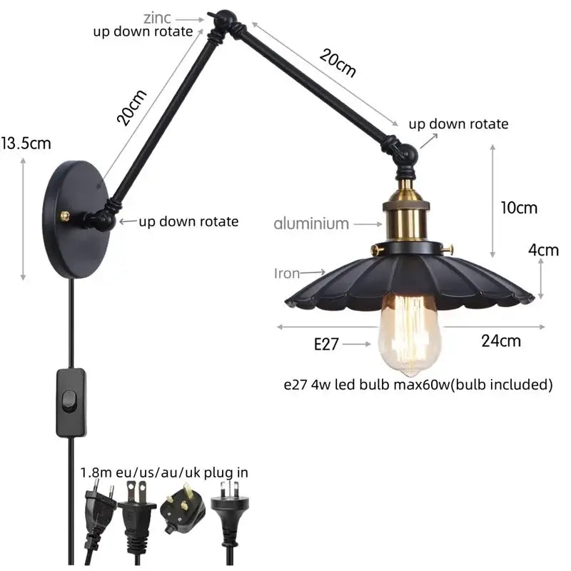 Industrial vintage black iron wall light bedroom adjustable long arm