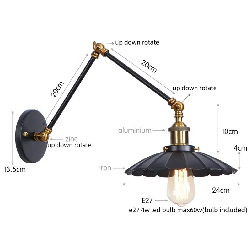 Industrial vintage black iron wall light bedroom adjustable long arm