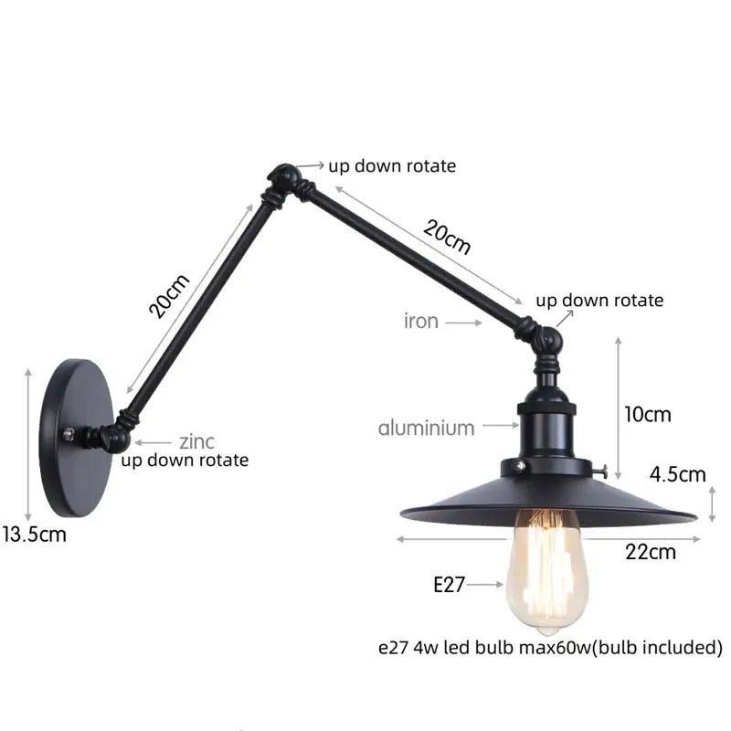 Industrial vintage black iron wall light bedroom adjustable long arm