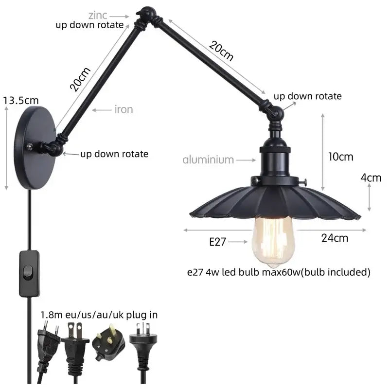 Industrial vintage black iron wall light bedroom adjustable long arm