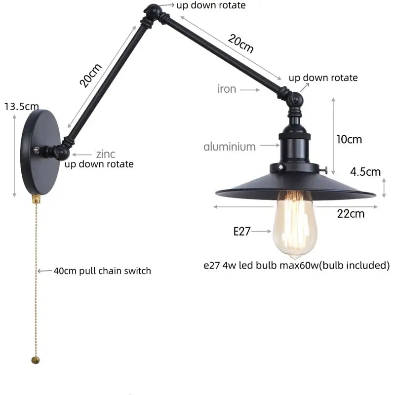 Industrial vintage black iron wall light bedroom adjustable long arm