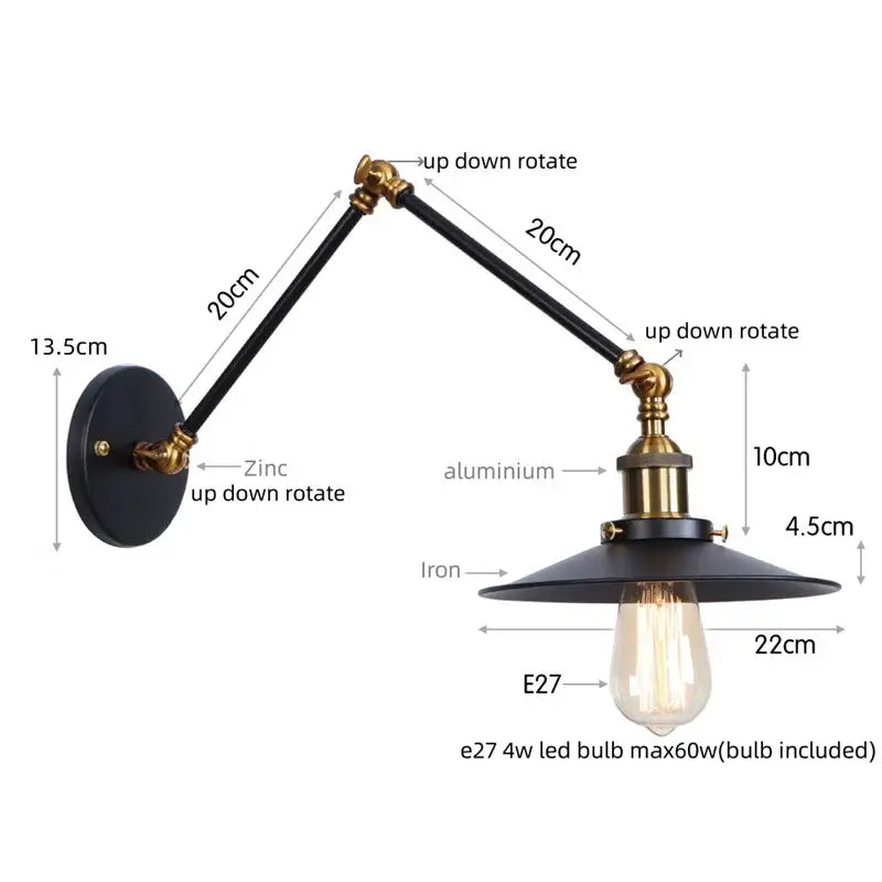 Industrial vintage black iron wall light bedroom adjustable long arm