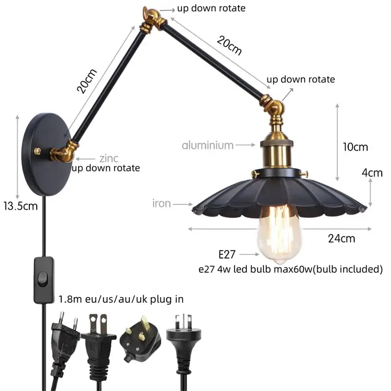 Industrial vintage black iron wall light bedroom adjustable long arm