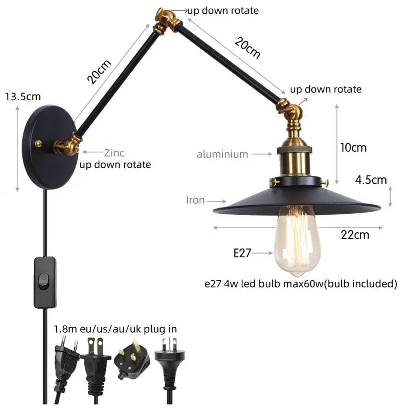 Industrial vintage black iron wall light bedroom adjustable long arm