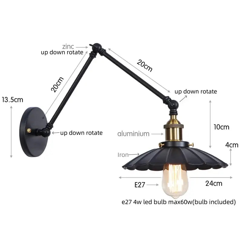 Industrial vintage black iron wall light bedroom adjustable long arm