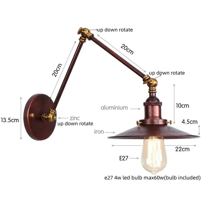 Industrial vintage black iron wall light bedroom adjustable long arm