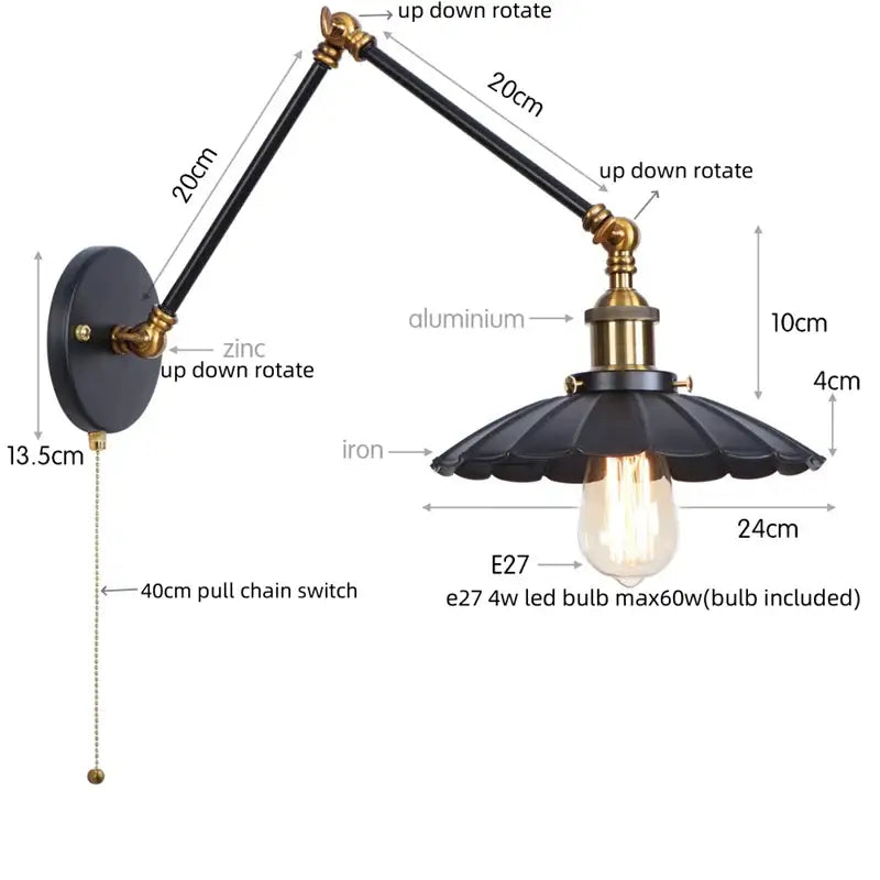 Industrial vintage black iron wall light bedroom adjustable long arm