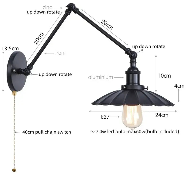 Industrial vintage black iron wall light bedroom adjustable long arm