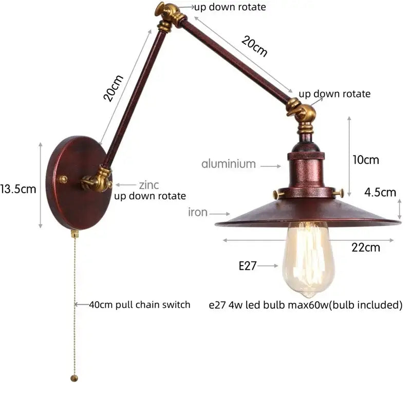 Industrial vintage black iron wall light bedroom adjustable long arm
