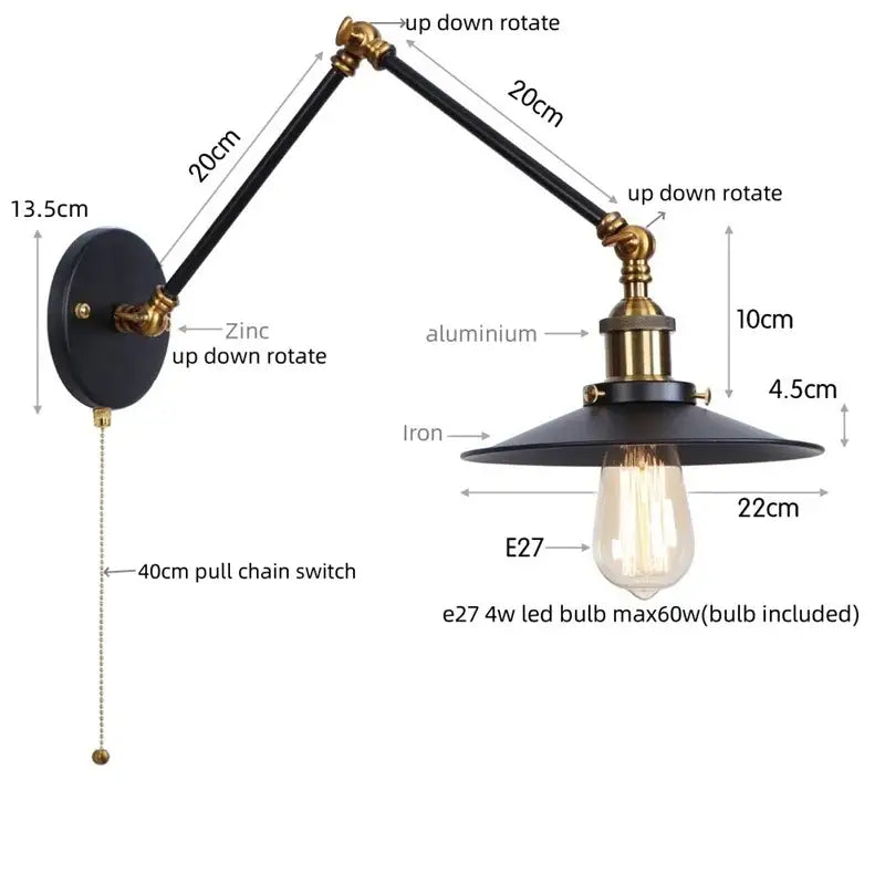 Industrial vintage black iron wall light bedroom adjustable long arm