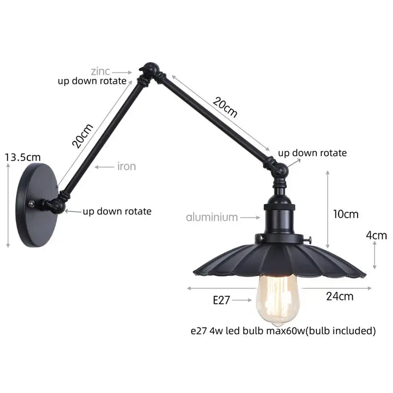 Industrial vintage black iron wall light bedroom adjustable long arm